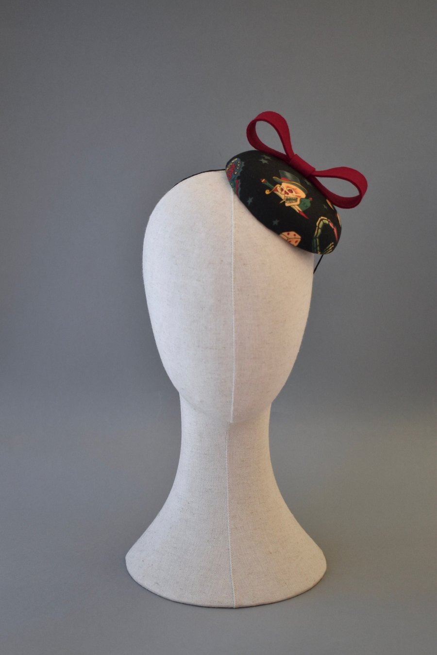 Handcrafted Tattoo Print Percher Hat with Red Bow