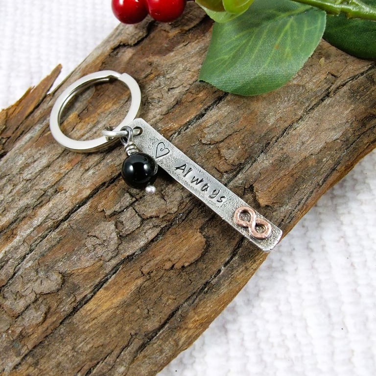 Bag Charm, Sterling Silver Bar Stamped Always with Copper Accent & Onyx Gemstone