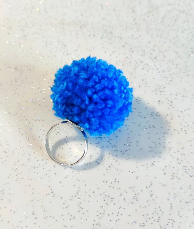 Handmade blue pom pom ring