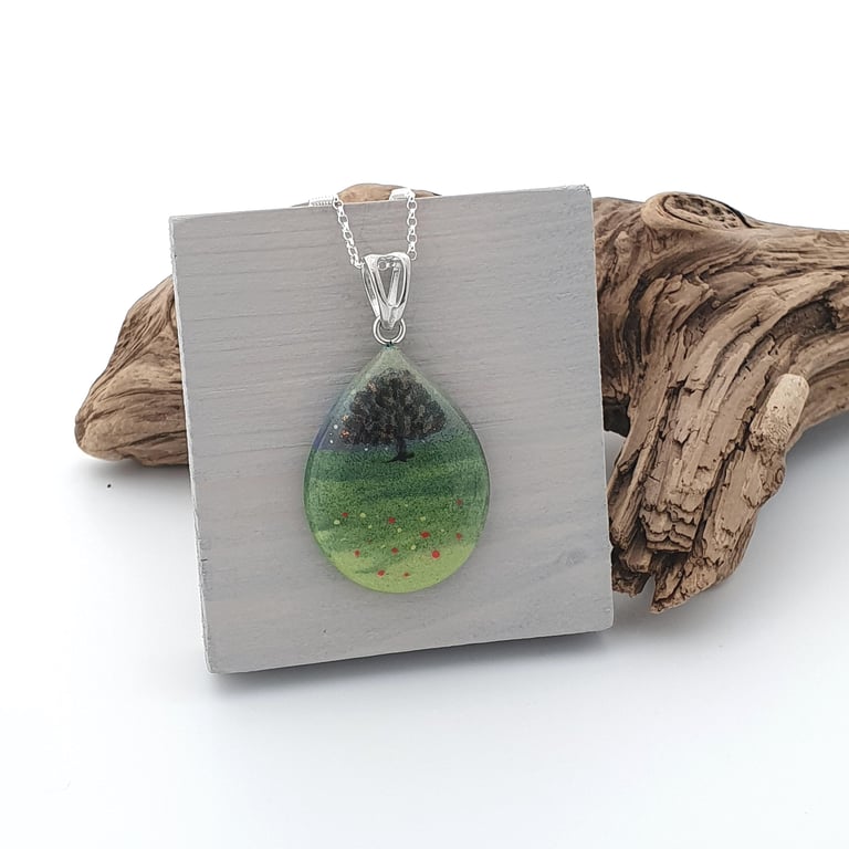 Teardrop Tree Design Fused Glass Pendant, Sterling Silver