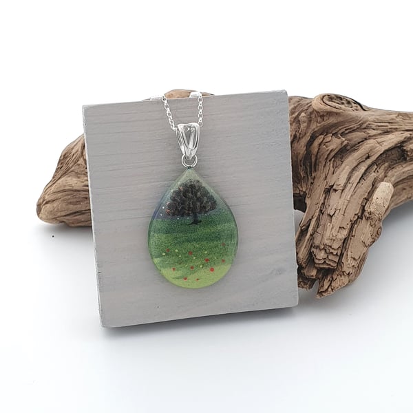 Teardrop Tree Design Fused Glass Pendant, Sterling Silver