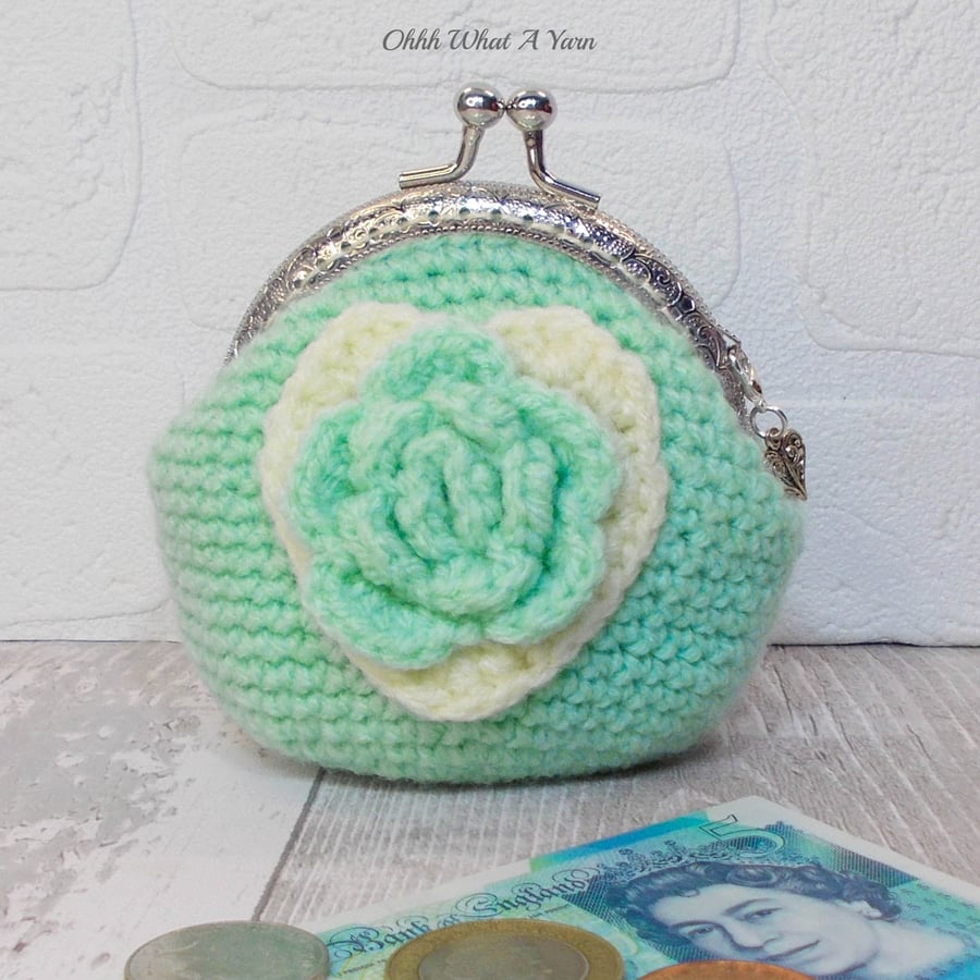 Mint green and cream crochet coin purse