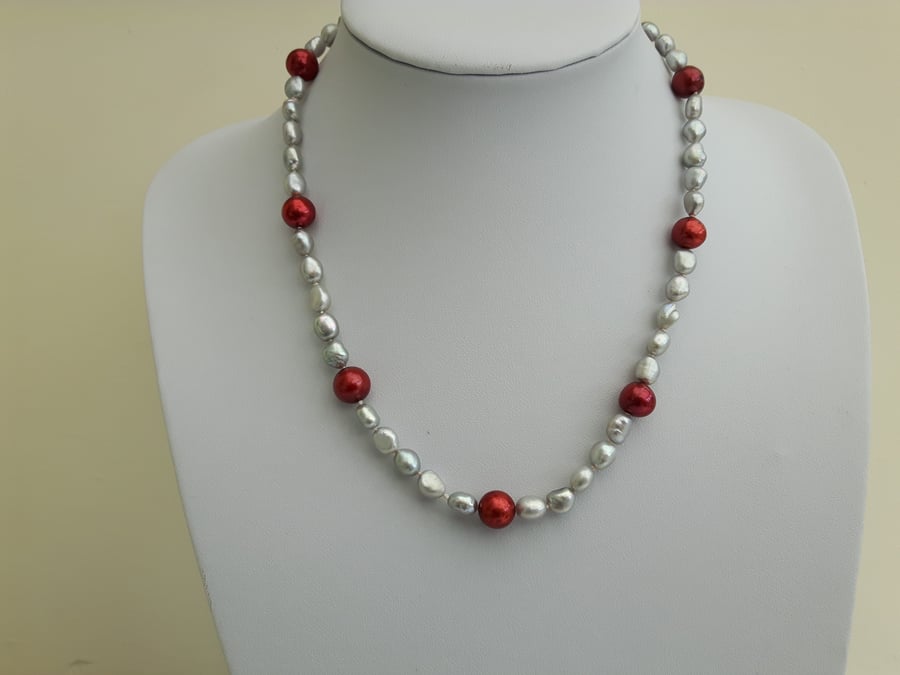 Pearl and Sterling Silver Necklace, Silver and Red