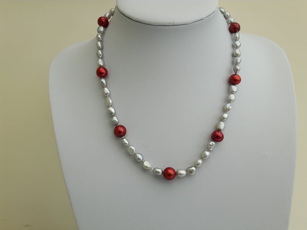 Pearl and Sterling Silver Necklace, Silver and Red