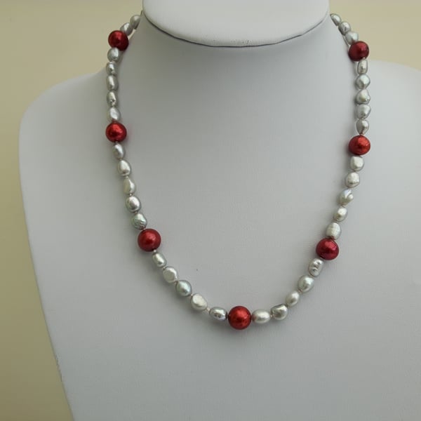 Pearl and Sterling Silver Necklace, Silver and Red