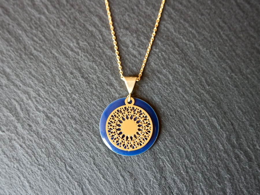 Blue Enamel Mandala Necklace - Gold Vermeil 925 Sterling Silver 