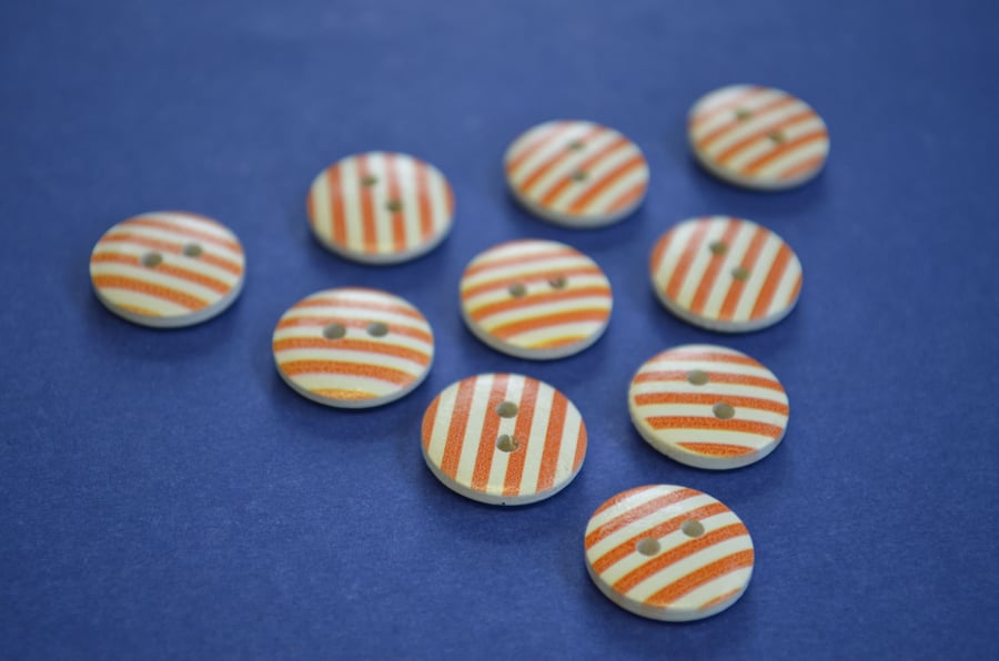 15mm Wooden Striped Buttons Orange White 10pk Stripe Stripey (SST4)