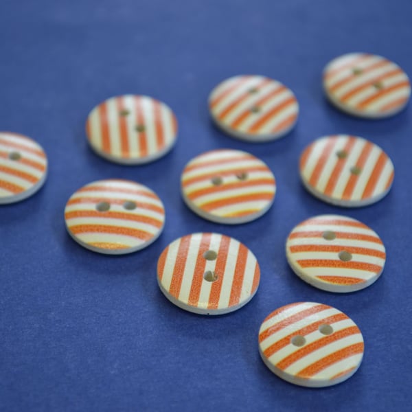 15mm Wooden Striped Buttons Orange White 10pk Stripe Stripey (SST4)