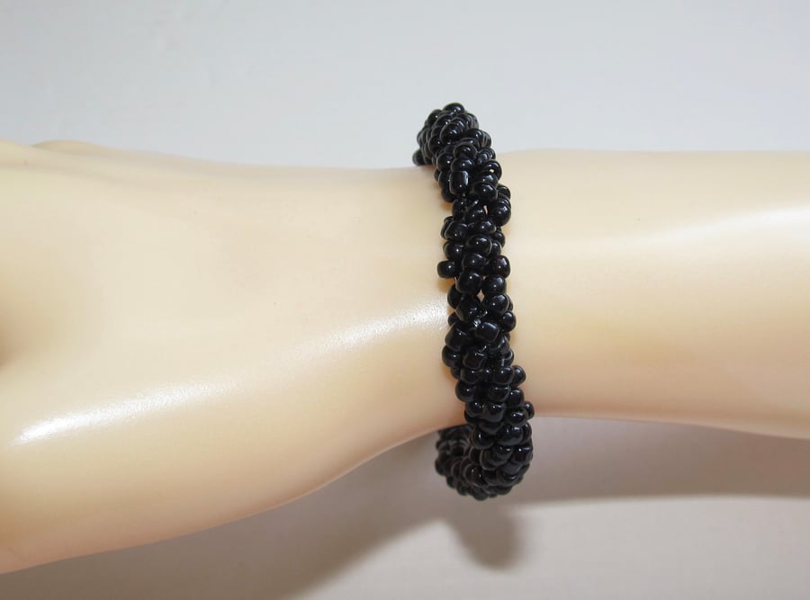 Slimline Rope Bracelet of Black Seed Beads in a Spiral Weave