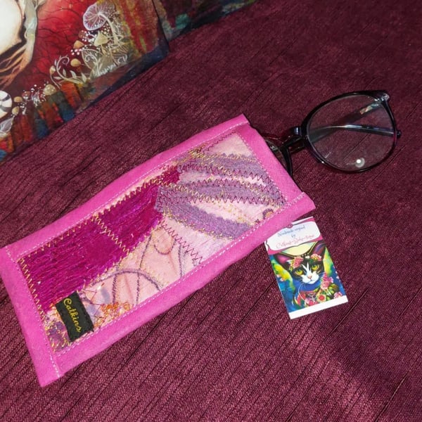 Artisan Handcrafted Pink Gold upcycled fabric bohemian hippie glasses case