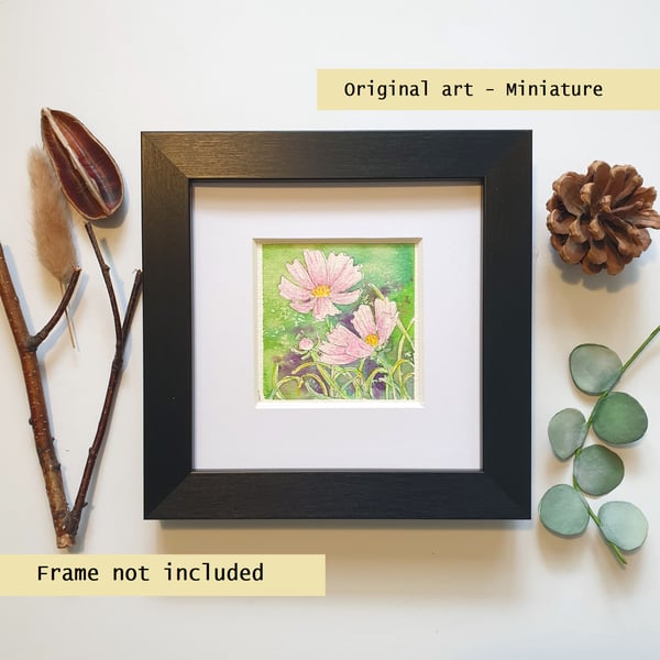 Pink cosmos original art miniature, flower painting, tiny artwork