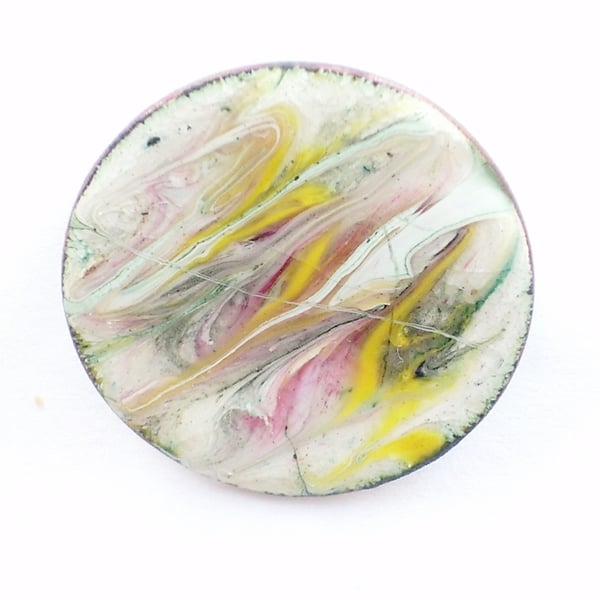 enamel brooch - yellow, pink and grey scrolled over white