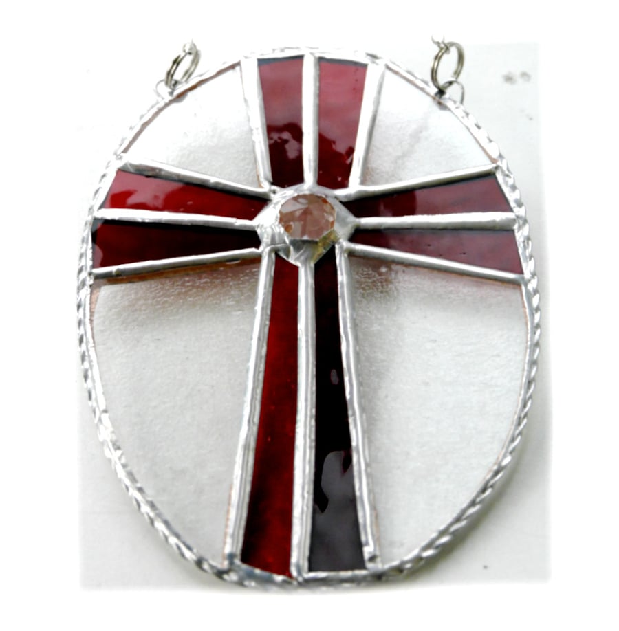 Cross Oval Suncatcher Stained Glass Handmade Red 005