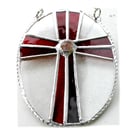 Cross Oval Suncatcher Stained Glass Handmade Red 005