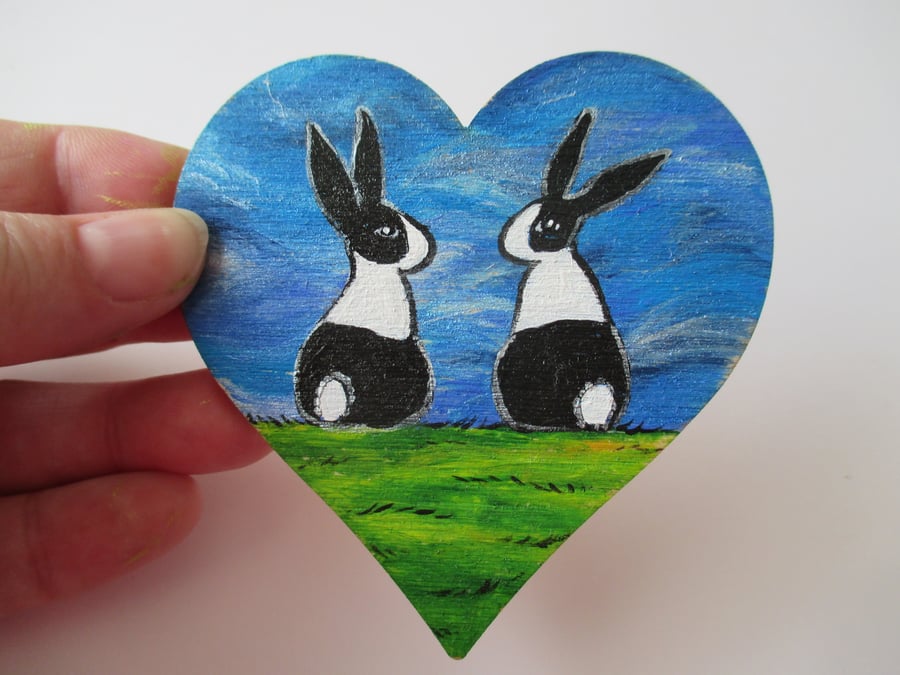SALE Bunny Rabbit Wooden Love Heart Fridge Magnet Hand Painted Dutch Bunnies