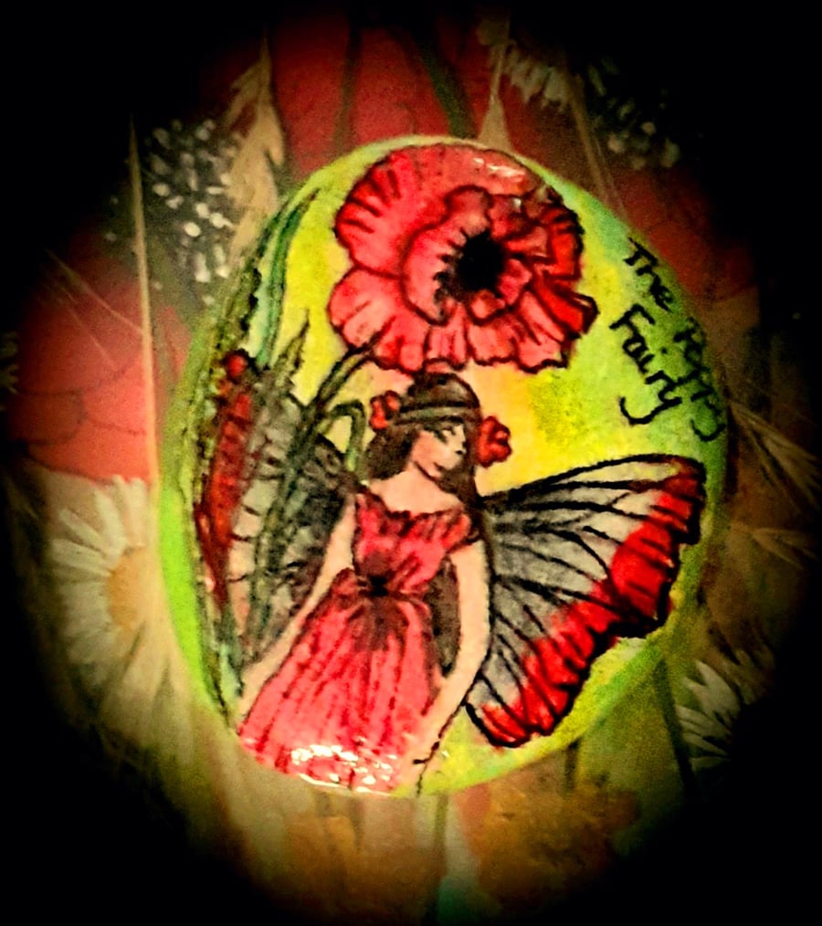 Hand painted "The Poppy Fairy "  beach rock 