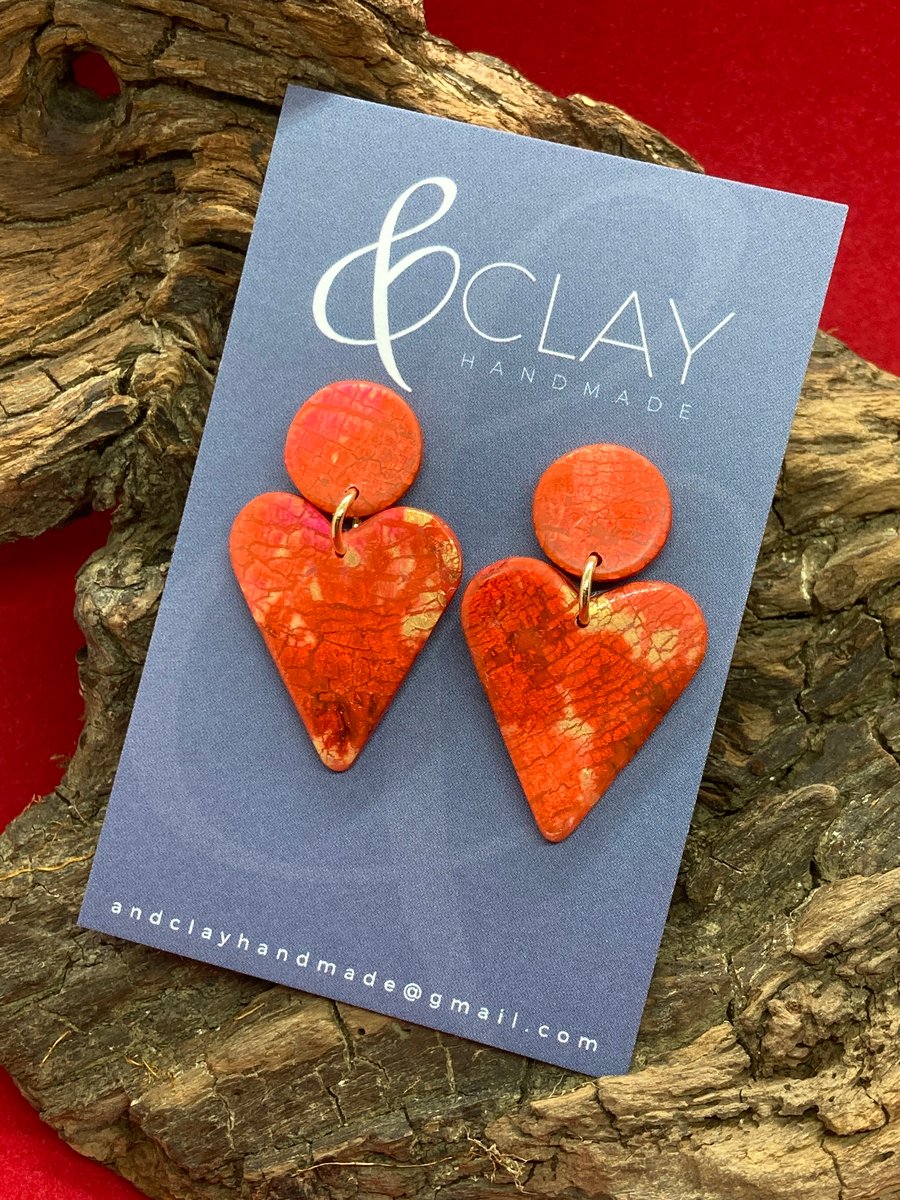 Red and Gold Heart Shaped Polymer Clay Earrings