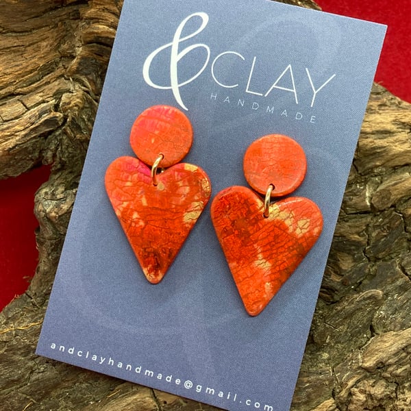 Red and Gold Heart Shaped Polymer Clay Earrings