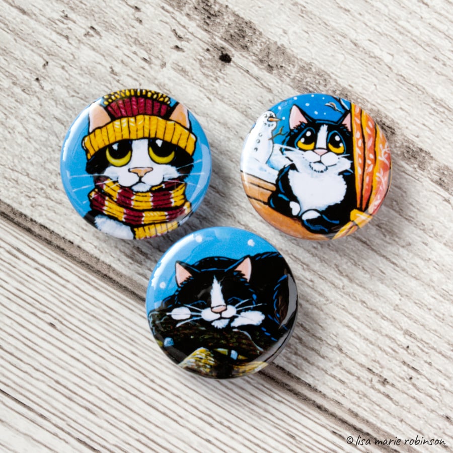 Winter Tuxedo Cat 25mm Button Badges - Triple Pack