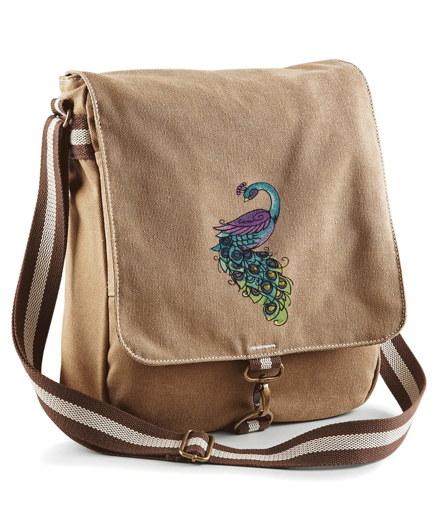 Painted Peacock Embroidered Canvas Field Bag