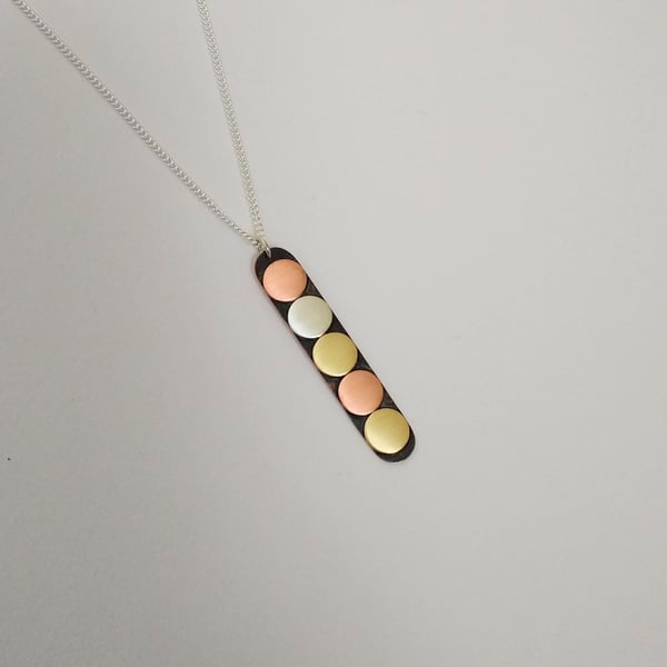 Pebbles Disco Pendant, Copper, Brass & Silver, Sterling Silver Chain