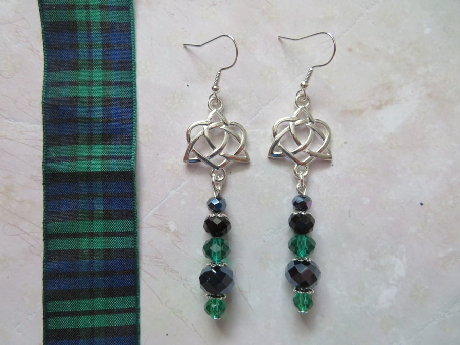 Silver Tone Celtic Triquetra Knot & Crystal Tartan Match Beaded Earrings 