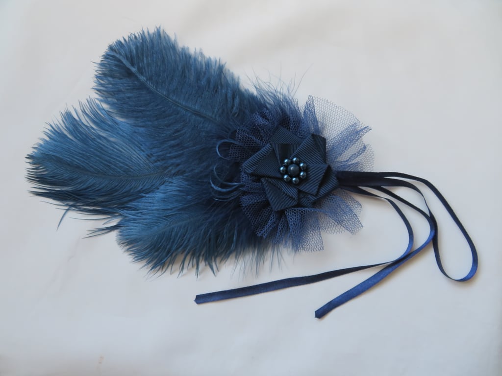 Prussian Blue Regency Feather Fascinator – Navy Ostrich Plume Hair Clip