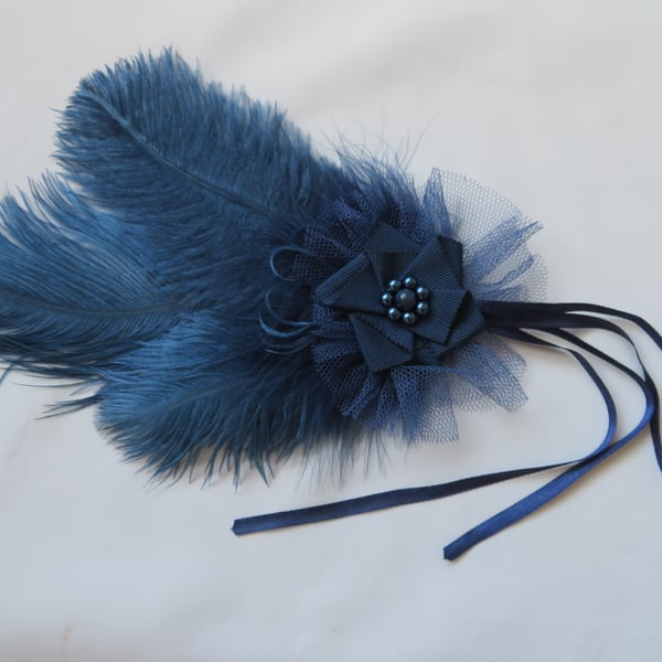 Prussian Blue Regency Feather Fascinator – Navy Ostrich Plume Hair Clip