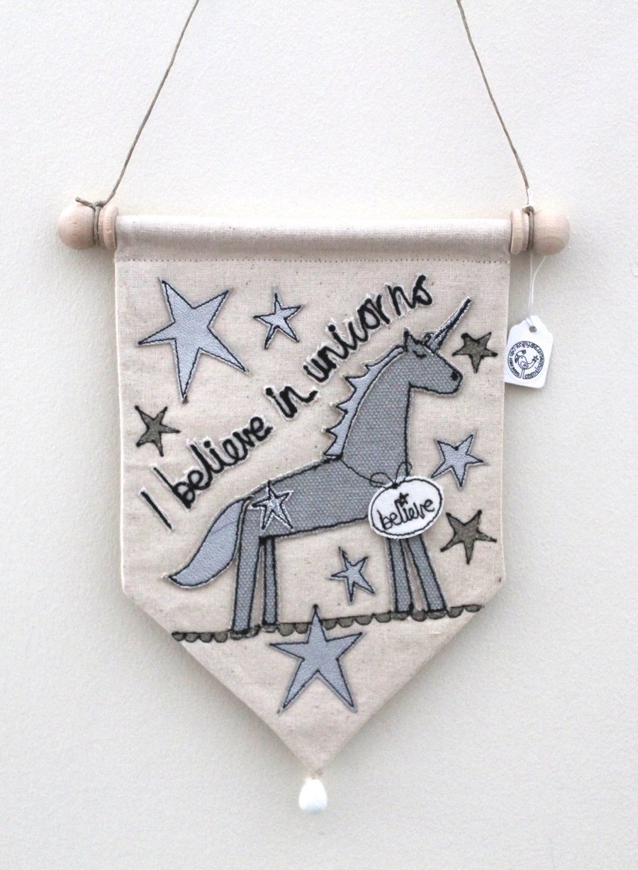 'I believe in unicorns' in Silvers Textile Banner