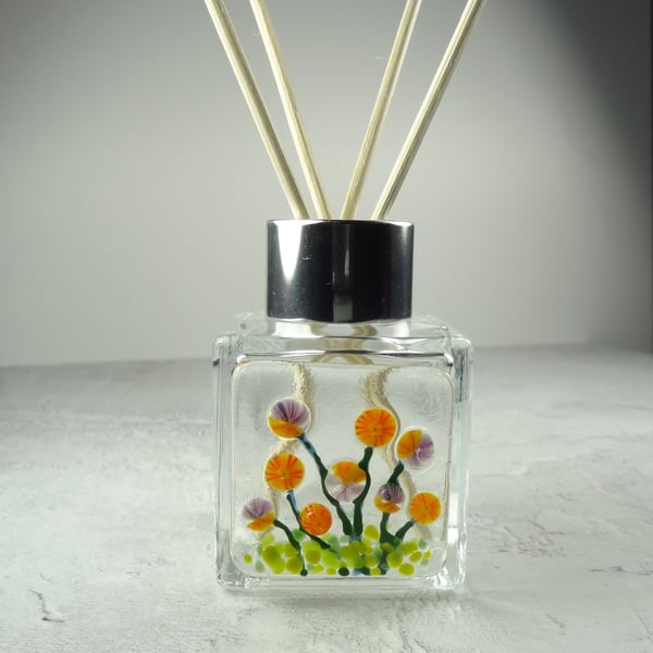 Handcrafted orange & purple flowers fused glass reed diffuser – with 4 reeds