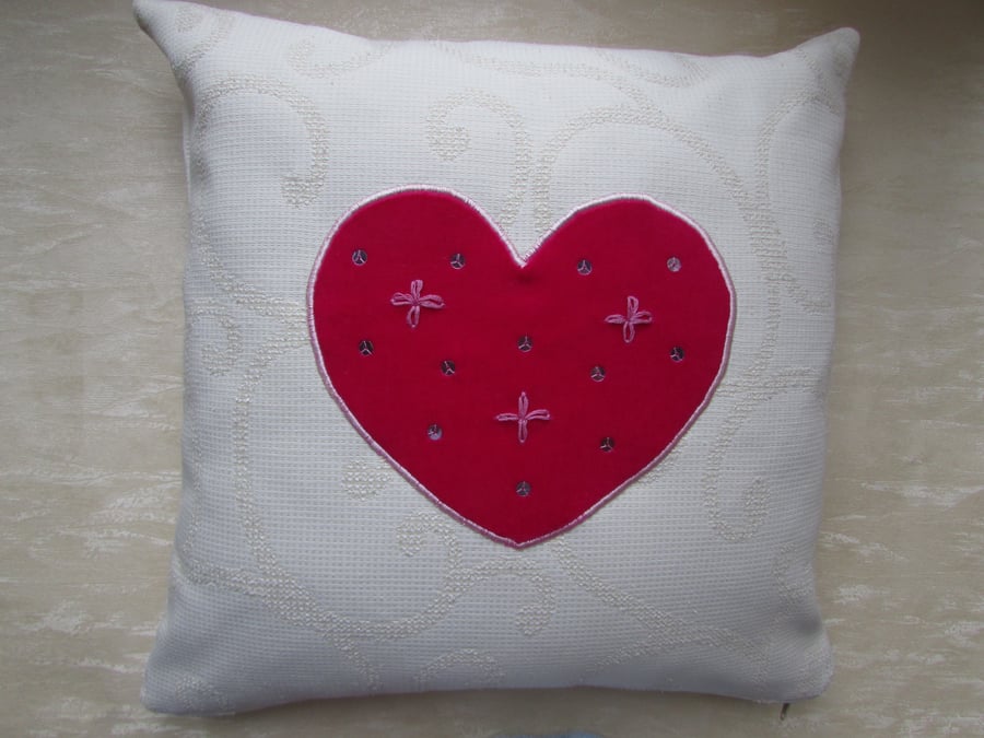 SALE - Sequinned heart appliqued cushion