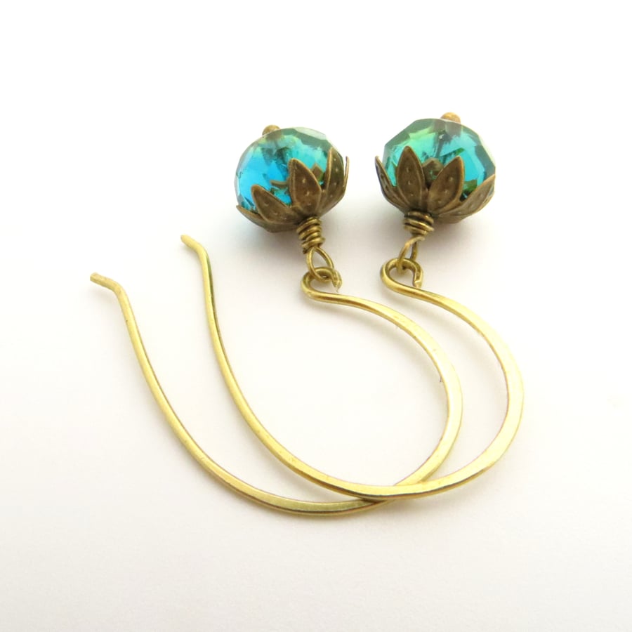 Teal and Brass Earrings, Turquoise Dangle Earrings, Mermaid Jewels