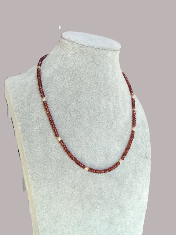 Red garnet gemstone and gold bead necklace. Rare. one off Statement jewellery