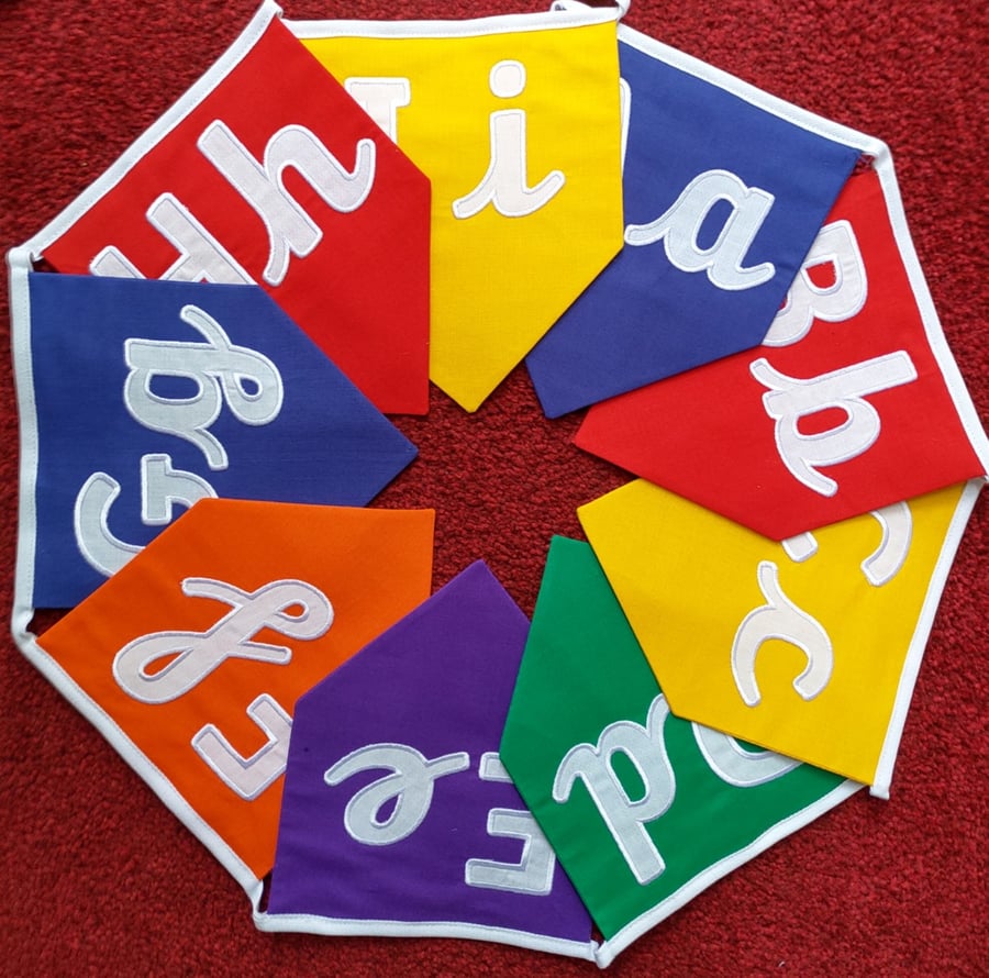 Capital and Cursive Case Alphabet Bunting Rainbow Fabric Embroidered