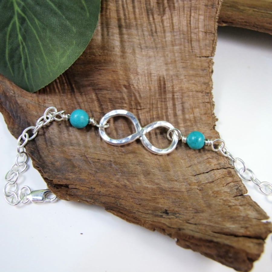 Sterling Silver Infinity Knot Bracelet with Turquoise. Adjustable Fit