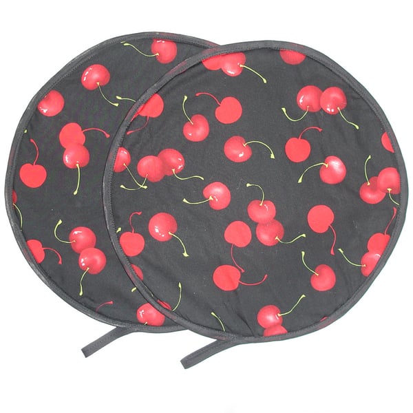 Aga Hob Lid Mats Cherries Chef Pads Covers Pair Red and Black Cherry