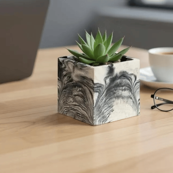 Plant Pot Cube - Unique White with Black Marbling Square Planter