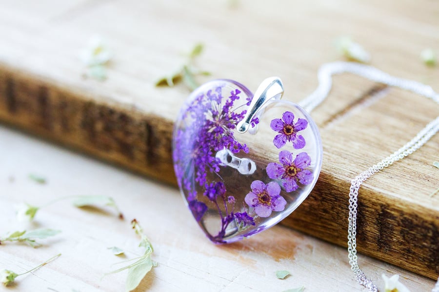 Real Flower Necklace Purple Heart Gifts for Her Pressed Flower Necklace Wildflow