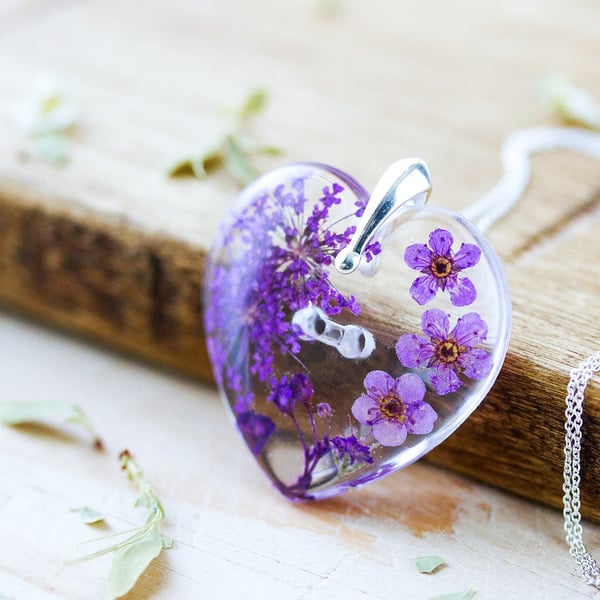 Real Flower Necklace Purple Heart Gifts for Her Pressed Flower Necklace Wildflow