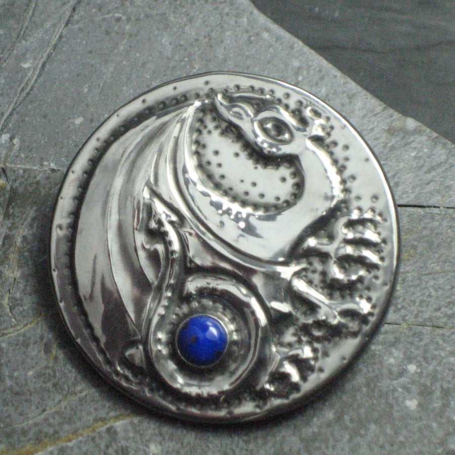 Silver Pewter Dragon Brooch with Lapis Lazuli
