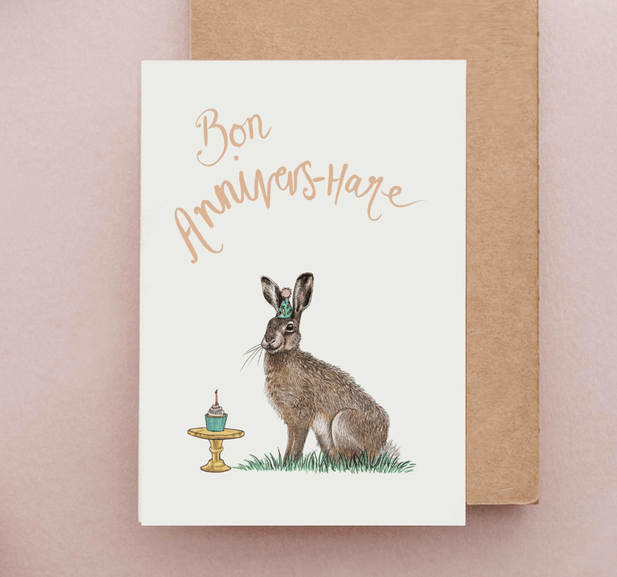 Bon Annivers-Hare - Hare Birthday Card, Bon Anniversaire, French Rabbit Card