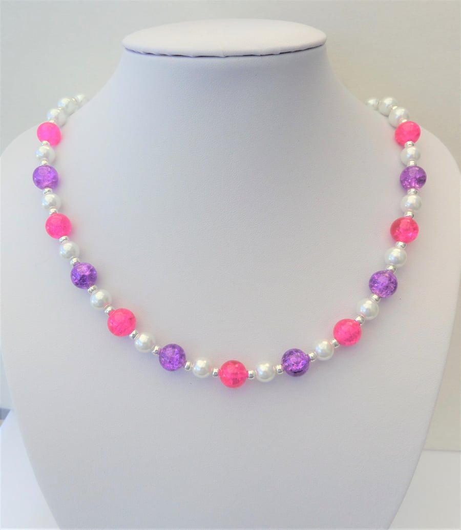 White glass pearl, pink and purple crackle glass bead necklace.