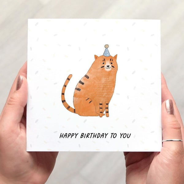 Ginger Cat Birthday Card, square birthday card with cute cat illustration