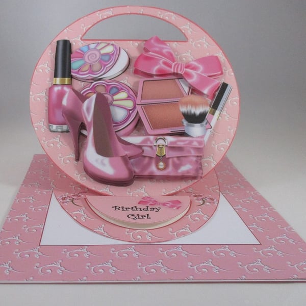 Girls Makeup Easel Birthday Card,pink,3D,Personalise,handmade