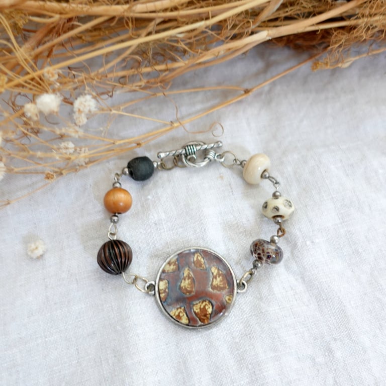 Brown Bracelet, Art Bracelet, Lampworkbeads Jewellery, Art Print, Brown Pendant