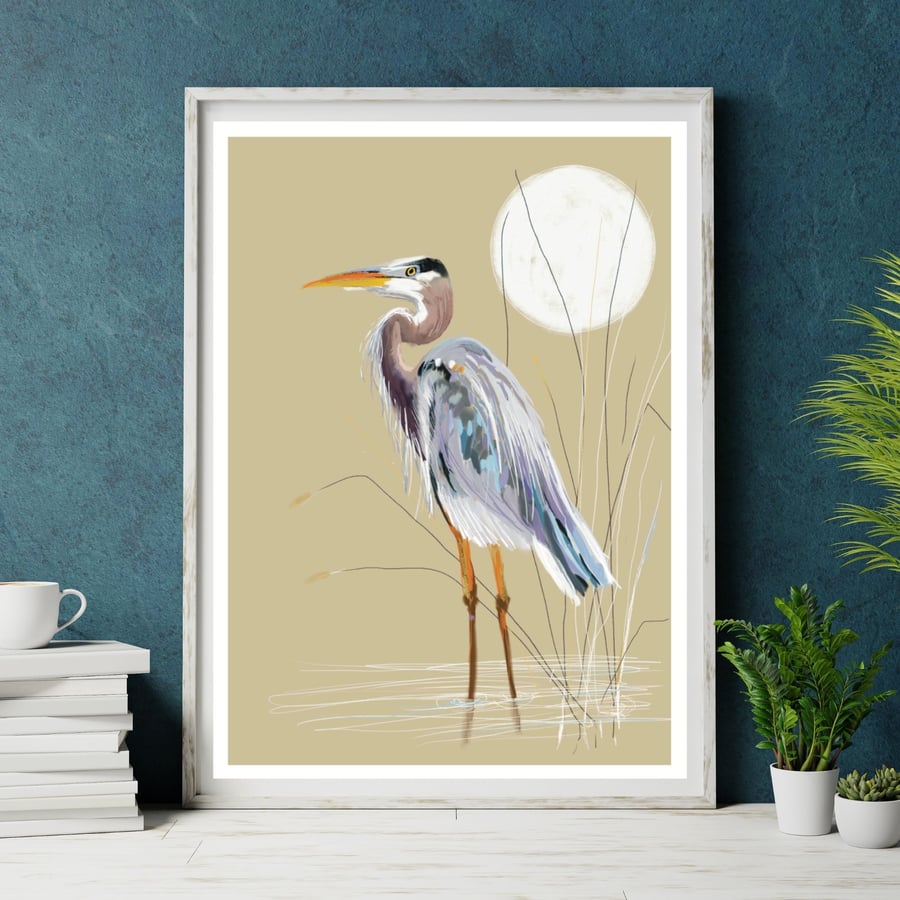 Bird art print Heron Japanese style print