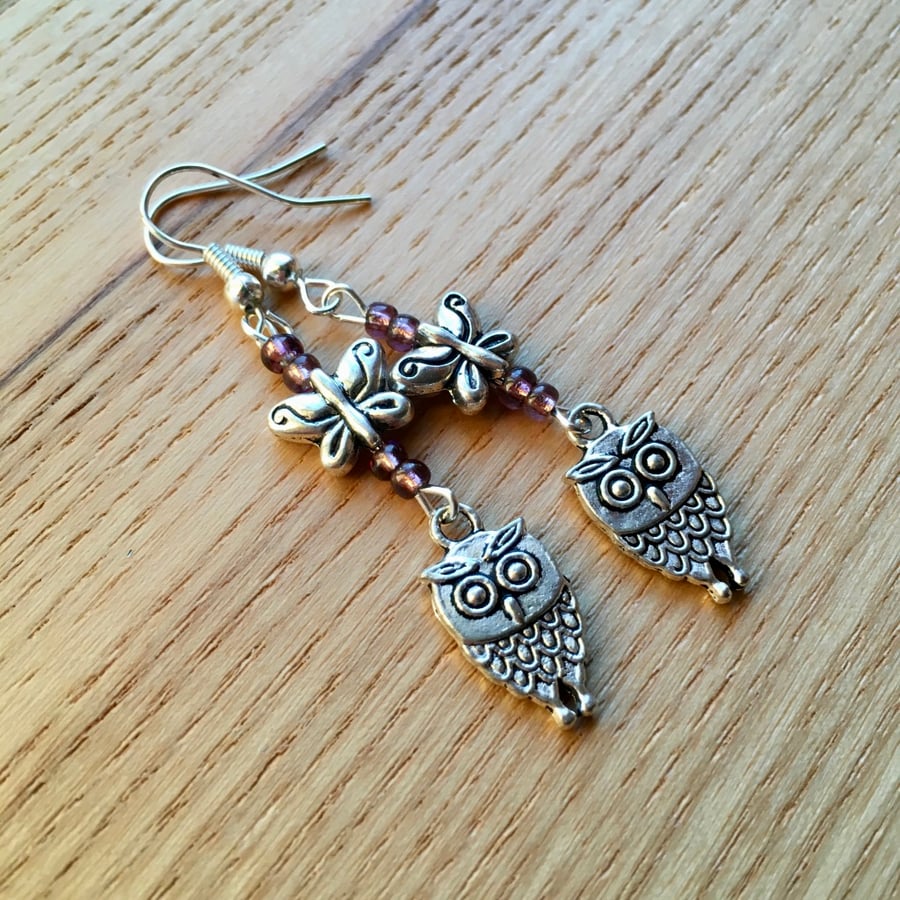 Purple Owl and Butterfly Charm Earrings, Gift for Her, Nature Lover Present