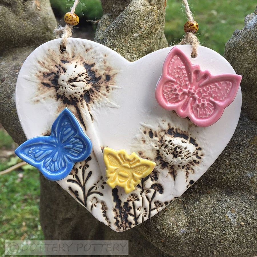 Ceramic heart with butterfly and bees pottery heart natural heart floral design