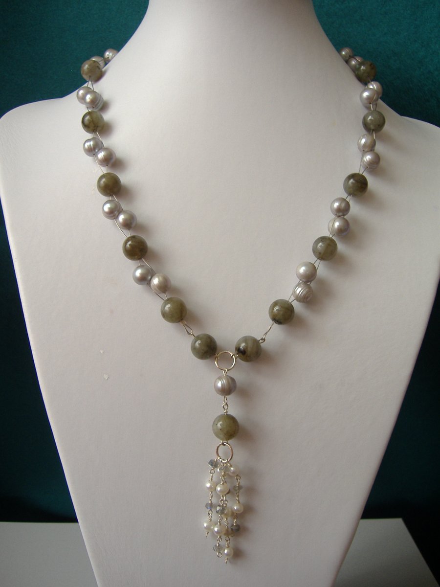 Labradorite & Cultured Pearl Necklace  - Sterling Silver - Handmade 
