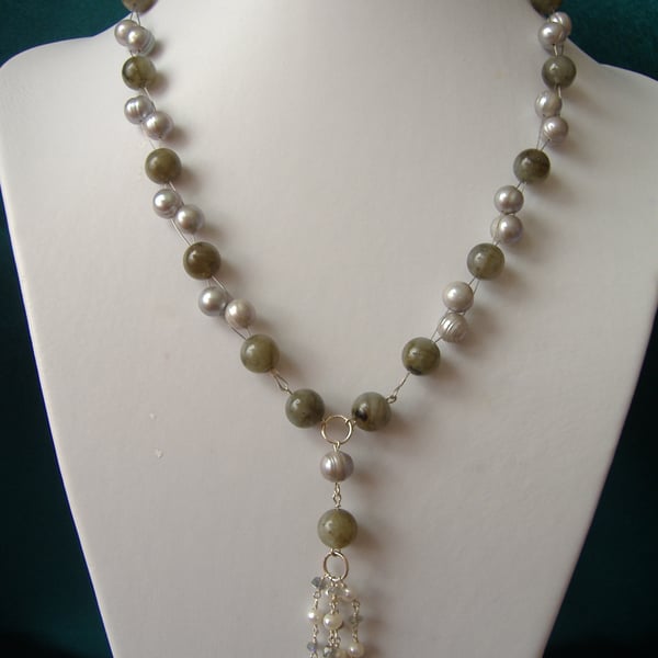 Labradorite & Cultured Pearl Necklace  - Sterling Silver - Handmade 